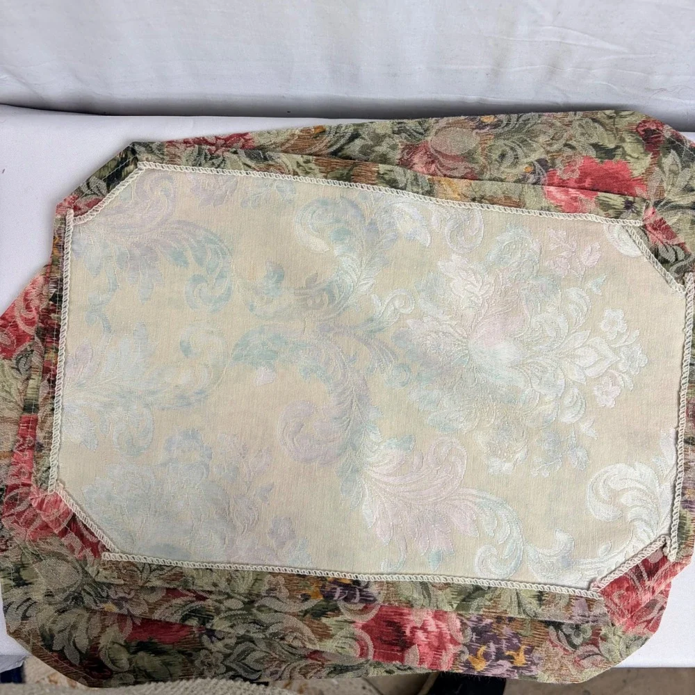Vintage Floral Tapestry Placemats Set of 6 Reversible Damask Rose Green Cream